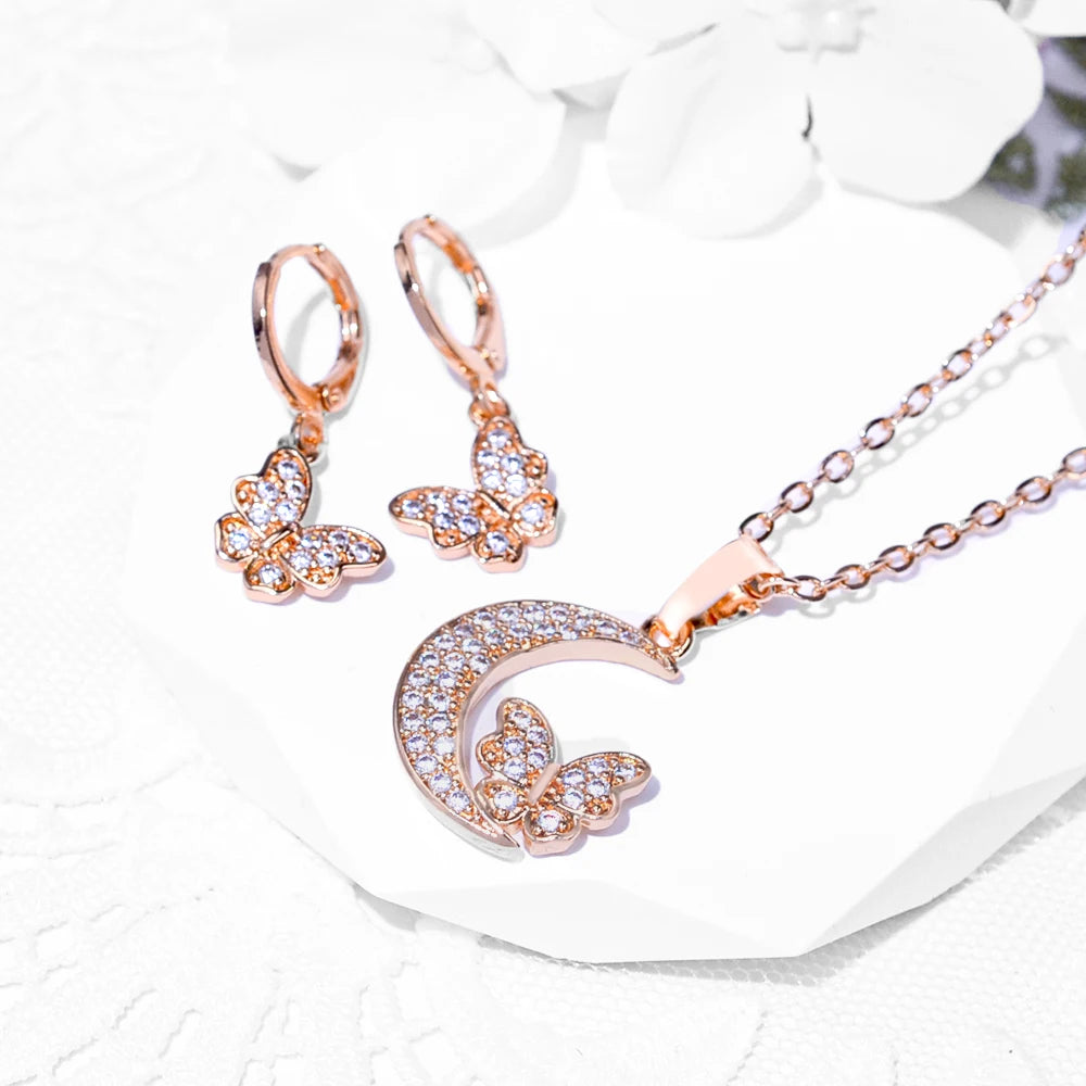 Fashion Women's Moon Butterfly Zircon Necklace Earring Set