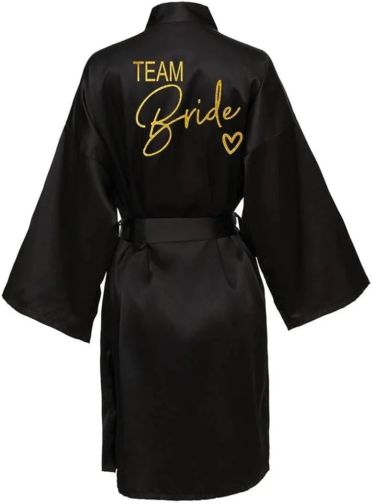 Wedding Party Team Bride Robe Kimono Satin Pajamas Bridesmaid Bathrobe Gold Letter SP089