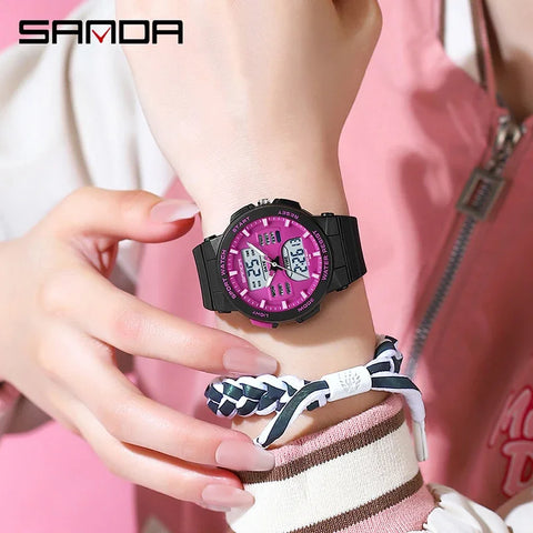 SANDA Luxury Ms LED Digital Sport Watch Fashion Casual Ladies Dual Display Watch Women Girl Military Waterproof Quartz Watches