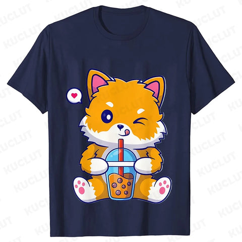 Boba Fox Drinking Print Blouse Women Clothing Fashion Kawaii Cartoon Fox Graphic T-shirts Anime Harajuku Tops Short Sleeve Tees