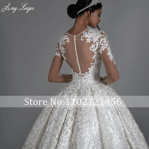 AmyLvager Classic O-Neck Long Sleeve Ball Gown Wedding Dress 2024 Luxury Beading Appliques Lace Court Train Princess Bridal Gown