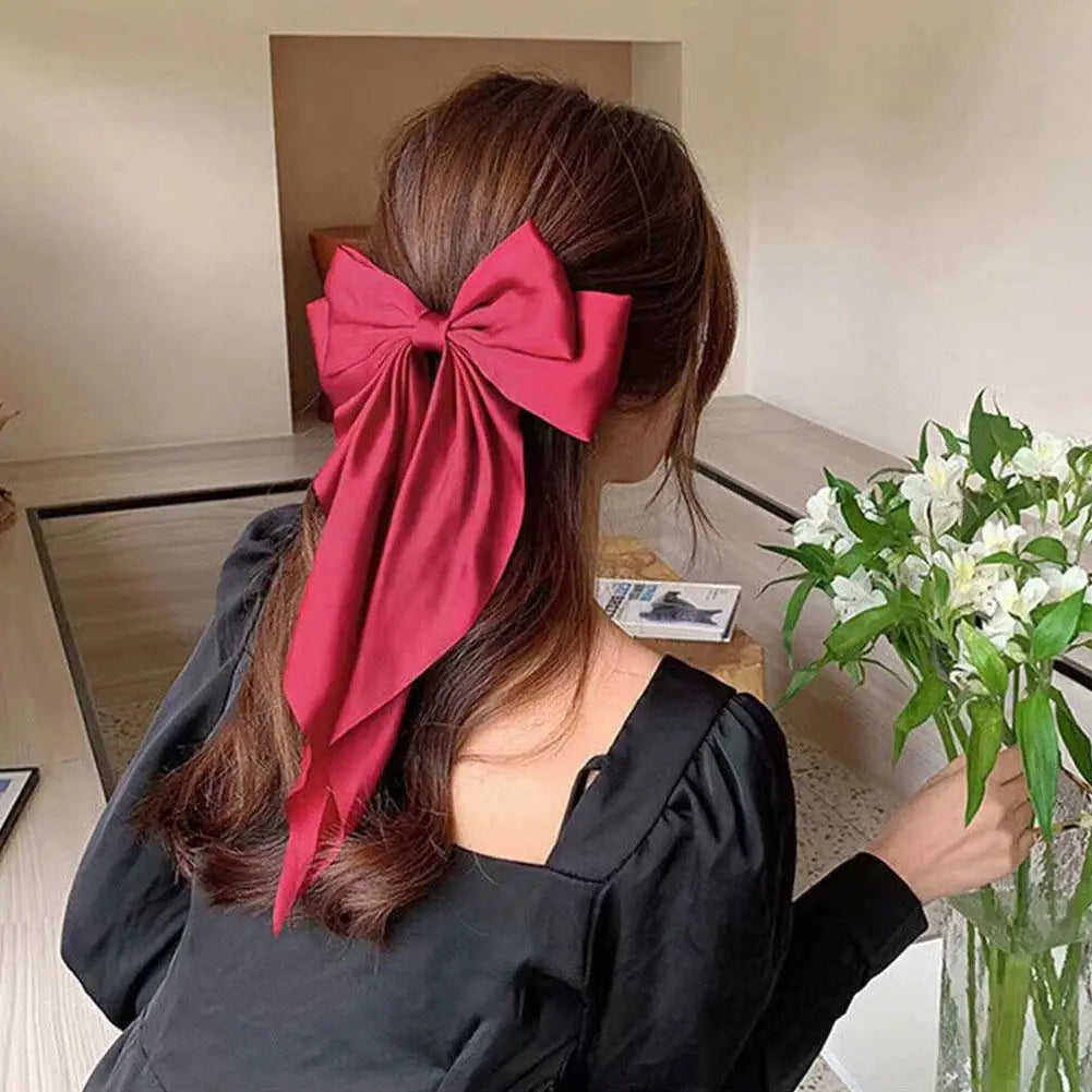 Elegant Large Bow Ribbon Hair Clip for Women Fashion Simple Solid Satin Spring Clip Ponytail Bow Hairpin Girls Hair Accesso K7U8