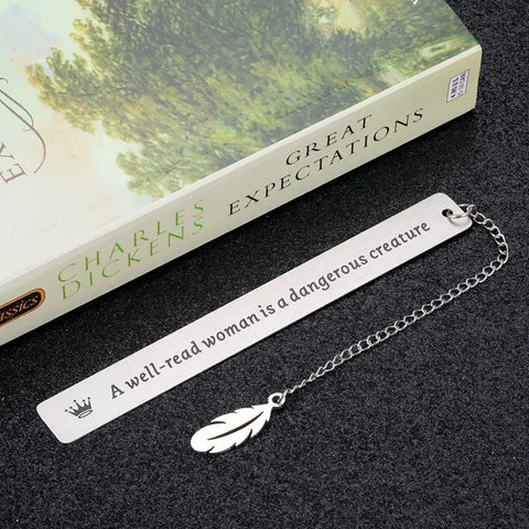 Stainless Steel Lettering Slogan Bookmark for Page Books Readers Children Collection Leaf Pendant Silver Decorative Bookmark 1pc