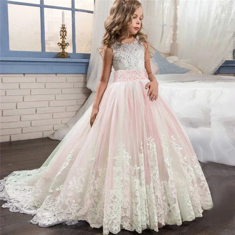 6-14 Years Lace Tulle Flower Girl Dresses Flower Bows Children First Communion Ball Gown Wedding Party Bridesmaid Dress for Kids