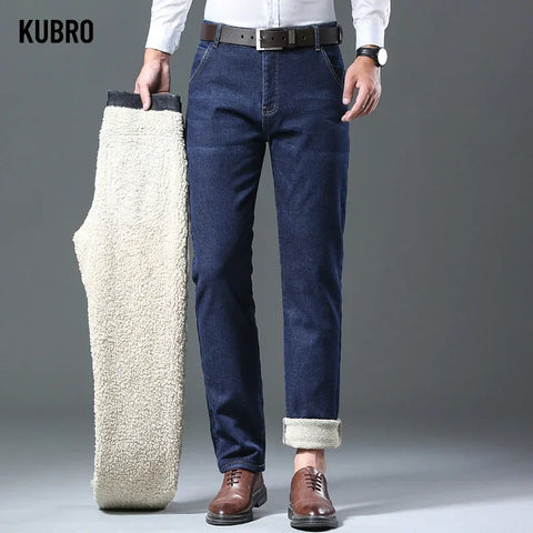 KUBRO Autumn Winter Men's Classic Regular Fit Fleece Jeans Business Fashion Casual Stretch Pants Brand Padded Wool Warm Trousers