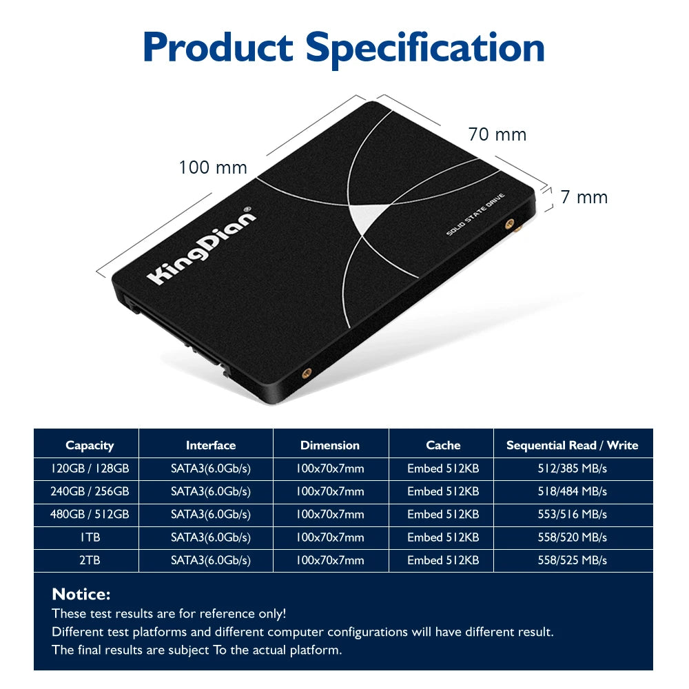 Free Shipping KingDian 512GB Hard Disk 2.5'' SATAIII SSD 560MB/s AHCI 128GB/256GB/1TB Solid State Drive for Desktop/Laptop