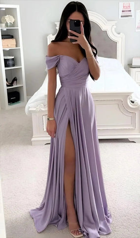 GDYBAO Women's Off The Shoulder Bridesmaid Dresses for Wedding With Slit Long  Pleated Satin Prom Dress A-Line Evening Gowns