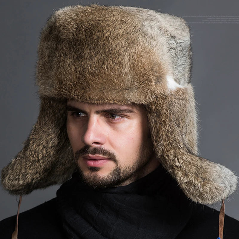 Men Bomber Hat Warm Thicken Faux Fur Earflap Russian Caps Male