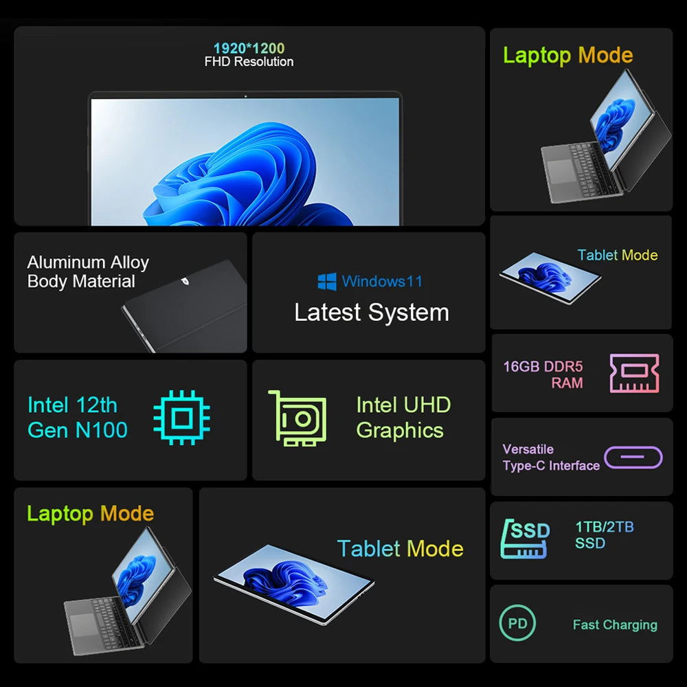 CRELANDER 14 Inch 2in1 Tablet Pc Touchscreen Notebook Intel N100 Mini PC Windows 11 Laptops Computer With RGB Magnetic keyboard