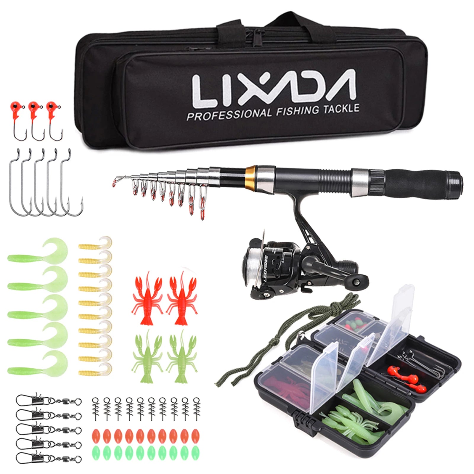 Lixada Fishing Rod Reel Combo Full Kit Telescopic Fishing Rods Spinning Reels Set with Hooks Soft Lures Barrel Swivels