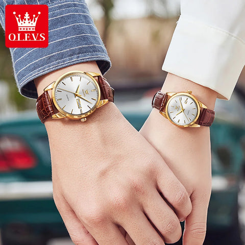 OLEVS Brand Couple Watch Leather Strap Date Luxury Quartz Watch Waterproof Romantic Lover Wristwatch Fashion Original Luminous