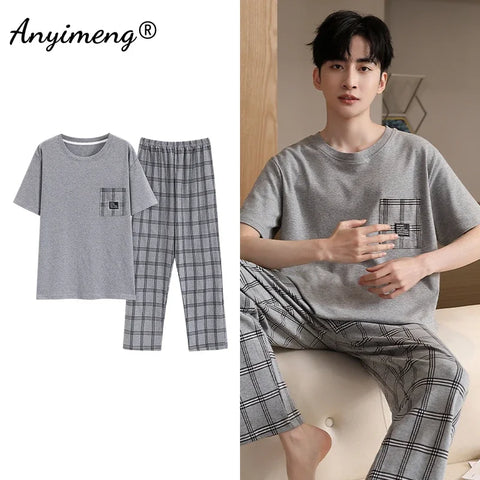 Mens Fresh Pajamas 3xl 4xl Sleepwear Short Sleeved Long Pants Cotton Leisure Pyjamas for Boy Plaid Pants Men Summer Nightwear