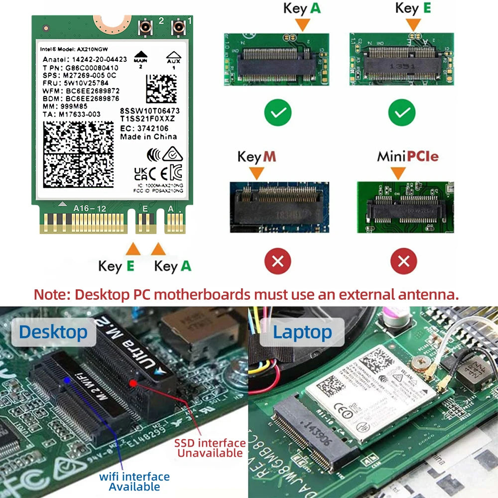 Wi-Fi 6E intel AX210 Wireless Network Cards 5374Mbps 6Ghz Bluetooth 5.3 AX210NGW 10dBi Antenna Desktop Kit for PC M.2 WiFi Card