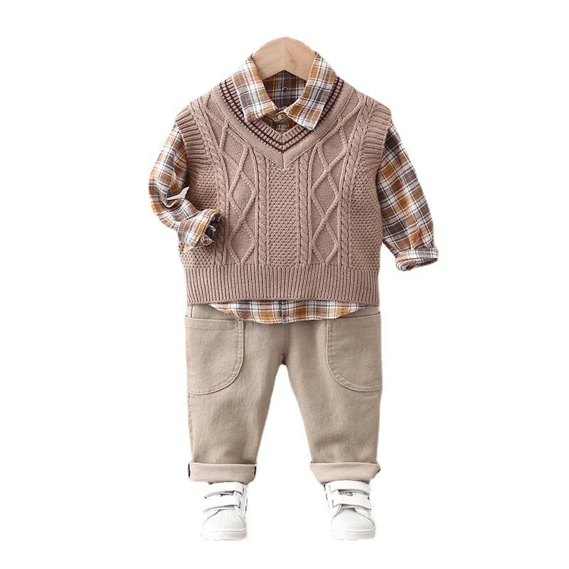 Baby Boy Clothes Mother Kids Spring Clothing Sets Sweater Vest 3pcs  Toddler Pants Cotton Korean Version of Children's Set Suit