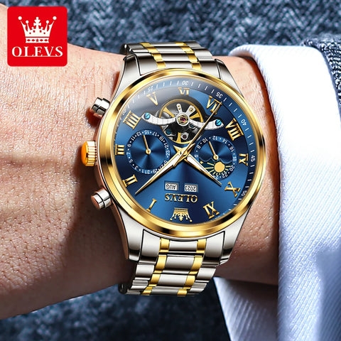 OLEVS Luxury Men's Watches Fashion Waterproof Multifunctional Fully Automatic Mechanical Watch Complete Calendar Moon Phase