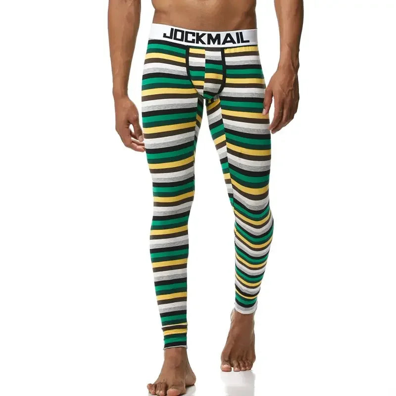 Jockmail Long Johns Mens Fashion Stripe Printing Rainbow Leaf Pattern Thermo Underwear Pants Mens Leggings Thermal UnderPants