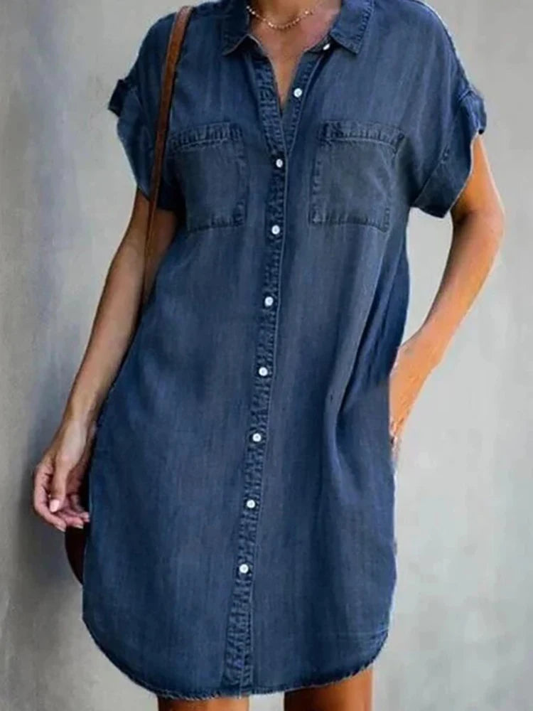 Denim Shirt Dresses Short Sleeve Distressed Jean Dress