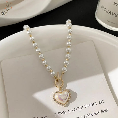 Elegant Women Girls Korean Style Pearl Heart Necklaces Fashion Vintage Luxury Chains Choker Casual Lady Pendants Collar Jewelry