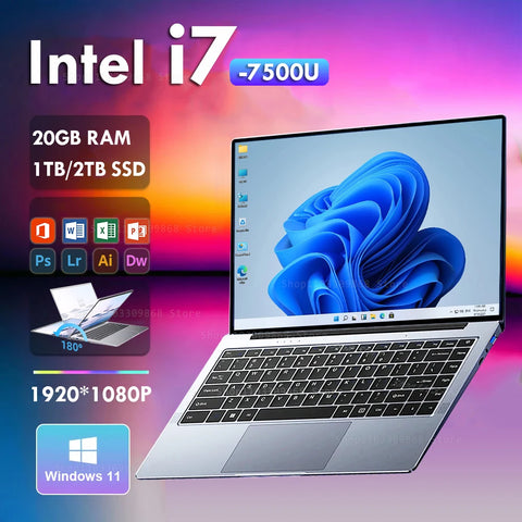 intel Core i7-7500U Laptops 20G RAM 1TB 2TB SSD Portable Laptop