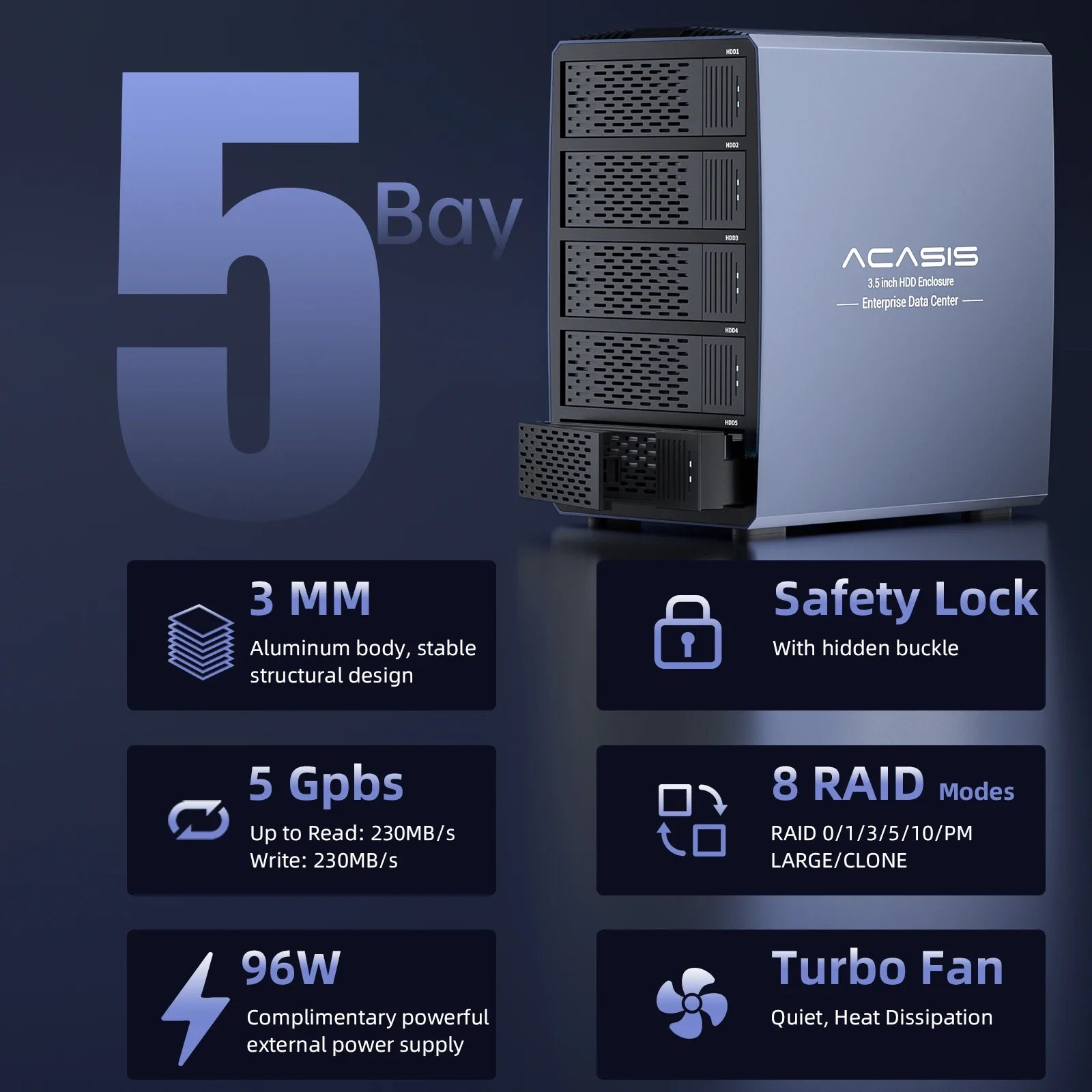 Acasis 3.5/2.5 inch 5-bay External Hard Driver HDD Case For Sata HDD Support 8 Raid Mode For Data Safety Enclosure