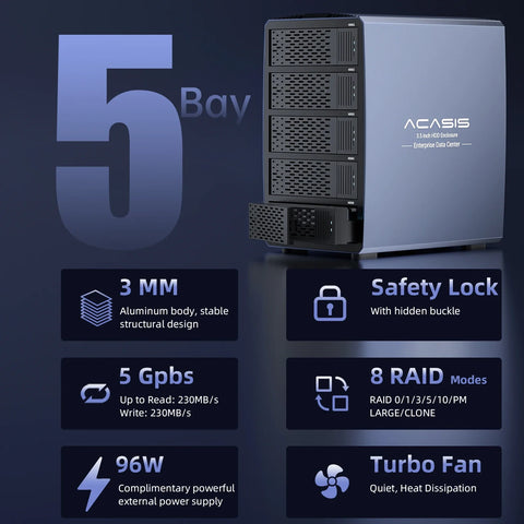 Acasis 3.5/2.5 inch 5-bay External Hard Driver HDD Case For Sata HDD Support 8 Raid Mode For Data Safety Enclosure