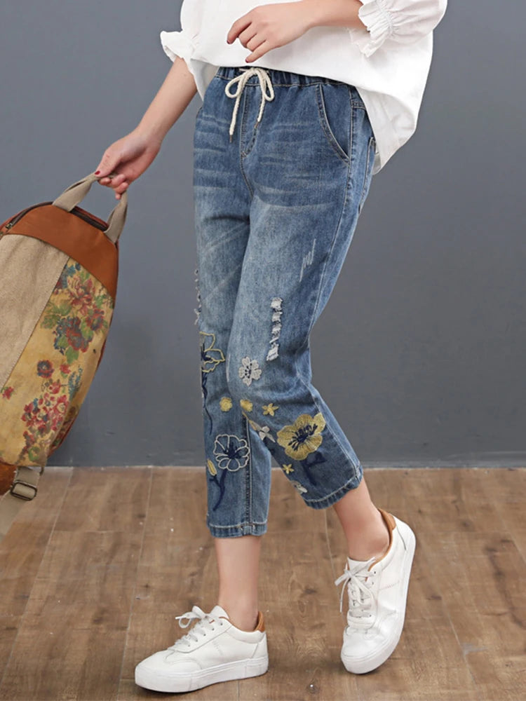 Jeans Women Casual Floral Denim Trousers Ripped Harem Pants