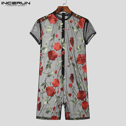 American Style Sexy New Men Homewear Jumpsuits Perspective Thin O-Neck Flower Printing Short Sleeve Bodysuits S-3XL