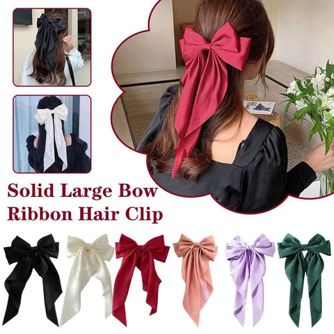 Elegant Large Bow Ribbon Hair Clip for Women Fashion Simple Solid Satin Spring Clip Ponytail Bow Hairpin Girls Hair Accesso K7U8