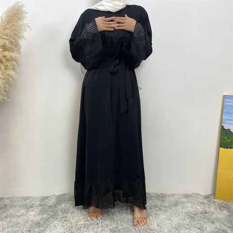 Middle East Muslim Women's Fashion New fashion dress Abaya Dubai Elegant Lace abaya Dress with Belt Women's Islamic popular dres