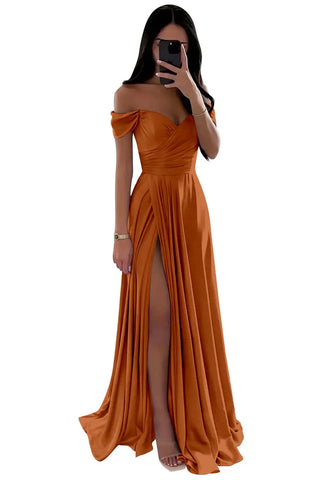 GDYBAO Women's Off The Shoulder Bridesmaid Dresses for Wedding With Slit Long  Pleated Satin Prom Dress A-Line Evening Gowns