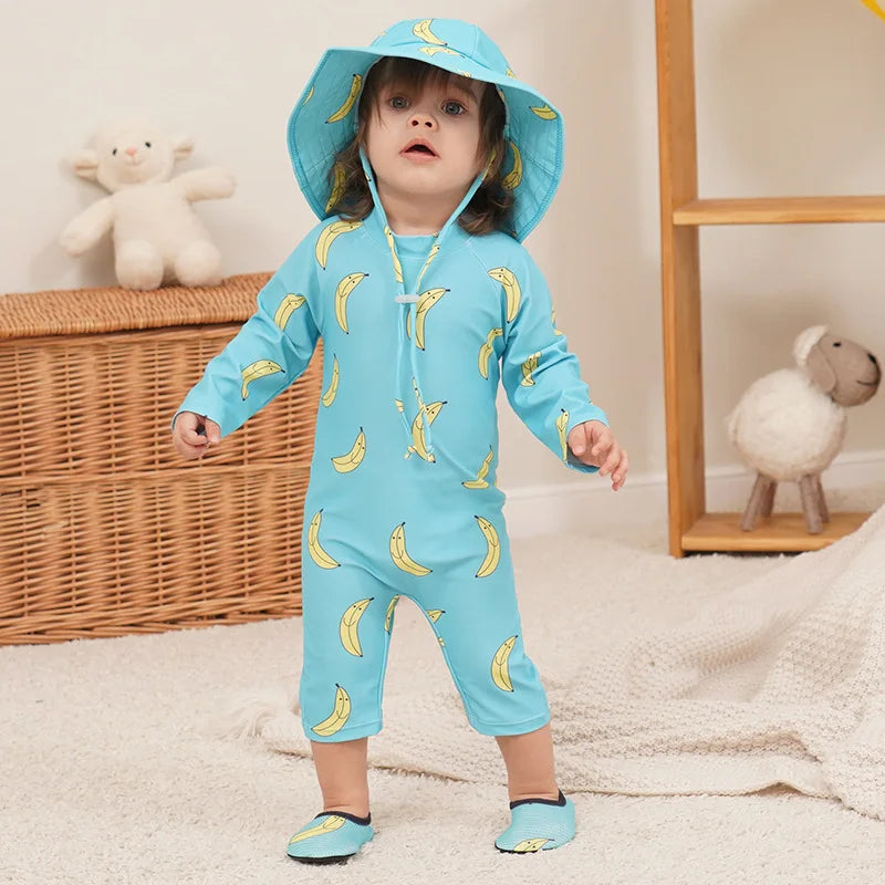 Baby Swimsuit One-Piece Bathing Suit Boy with Sun Cap UPF50 UV Protection Long Sleeve Dinosaur Children's Swimwear for Toddler