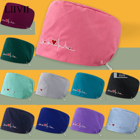 Women Mens Scrubs Caps Operating Room Surgical Cap Heart Embroidery Nursing Scrubs Hats Pharmacy Pets Clinic Doctors Dentist Hat