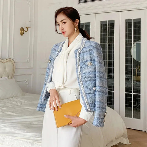 Autumn New lady style long-sleeved tassel tweed coat