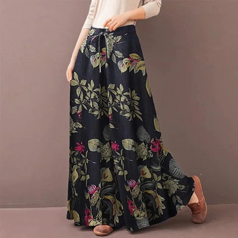 Women Floral Print Wide Leg Pants Spring Autumn Fashion Drawstring Bohemia Trousers Ladies Casual Loose Elastic Waist Pantalon