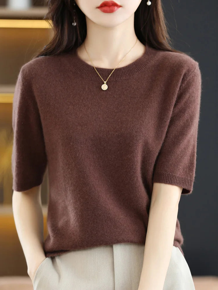 Spring and Summer New Short-sleeved Women O-neck Slim  Sweater