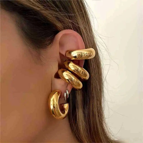 Stainless Steel Smooth Round Tube Chunky Hoop Earrings for Women Glossy Gold Plated Heart Geometric Threaded Ear Hoops Jewelry