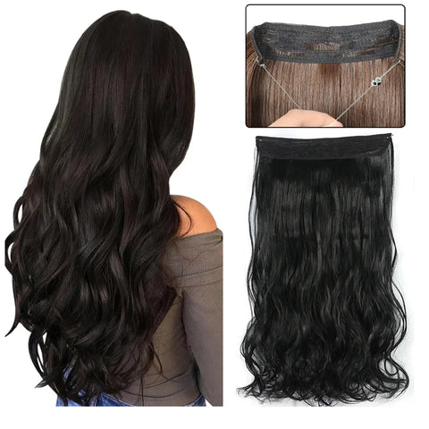 Natural Long Curly Hair Extensions, Adjustable Fishing Line, Chemical Fiber Wig, Hair Curtain, Matte High Temperature