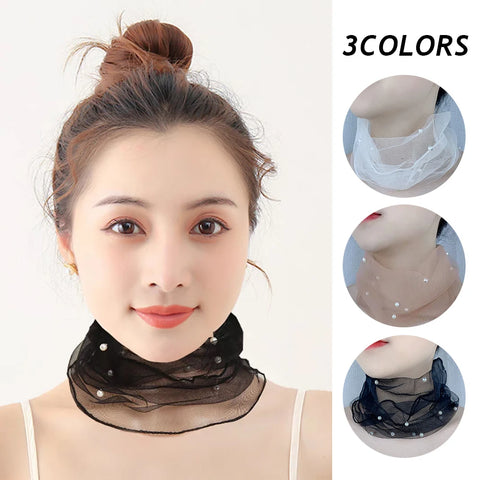 Spring Summer Chiffon Neck Collar Scarf Mesh Fake Pear Women Head Thin Sunscreen Anti-UV Scarf Fashion Lace Beaded Scarves