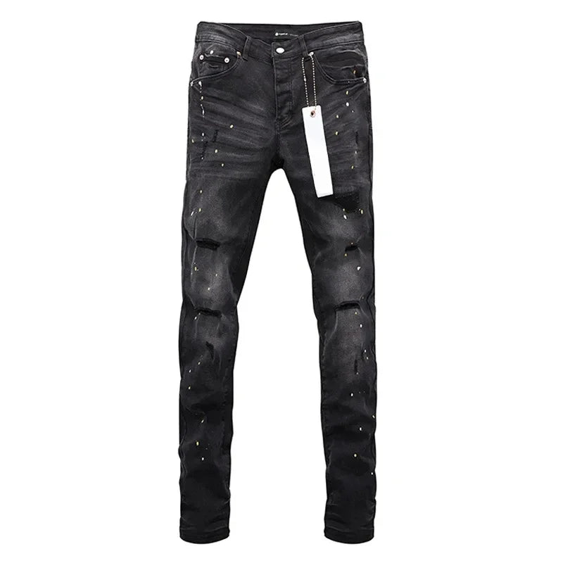 Top quality Purple ROCA Brand Jeans American Top Street Ripped Ink Splashed Distressed Black Wash Stylish and slim pants