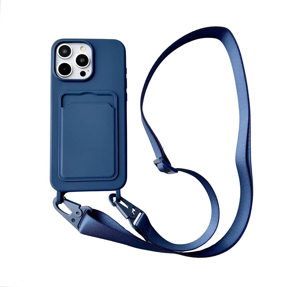 Crossbody Lanyard Necklace Rope Wallet Silicone Case For iPhone 15 Plus 14 13 12 11 Pro Max Slot Card Holder Plain Back Cover