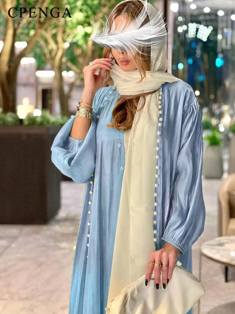 Muslim Abaya Women Dress 2 Piece Set Abayas Morocco Caftan Gowns 2023 New Ramadan Dubai Arabic Silk Satin Kimono Cardigan Robe