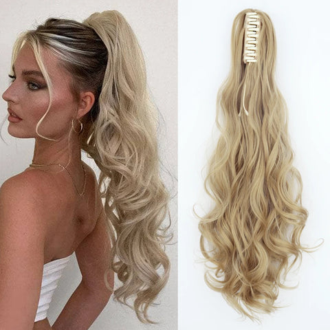 Synthetic 24Inch Long Wavy Claw Clip On Ponytail Hair Extension Blonde Ponytail Extension For Women Pony Tail Hair Hairpiece