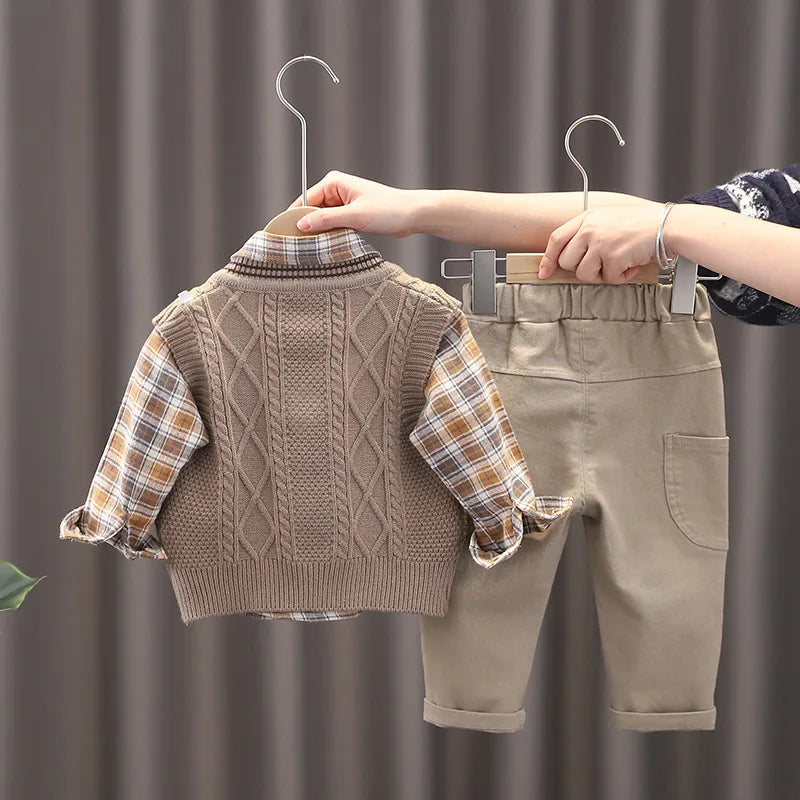 Baby Boy Clothes Mother Kids Spring Clothing Sets Sweater Vest 3pcs  Toddler Pants Cotton Korean Version of Children's Set Suit