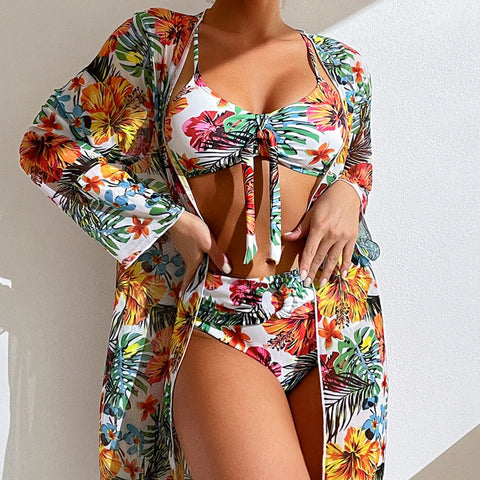 Women Bikini Set With Mesh Long-Sleeved Blouse