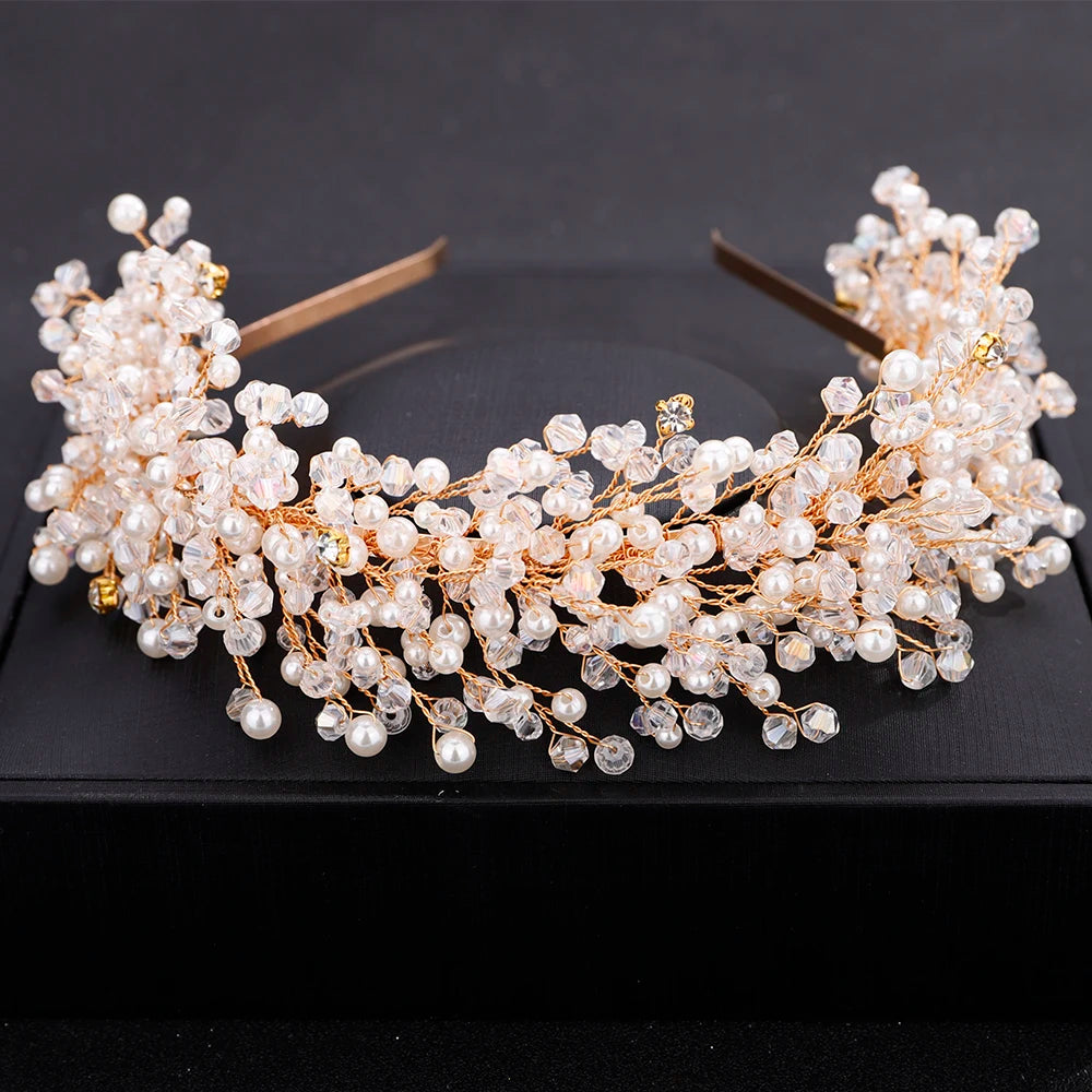 Luxury Pearl Crystal Bridal Crown Headpieces Handmade Party Wedding Hair Accessories Vintage Rhinestone Women Headband Tiaras