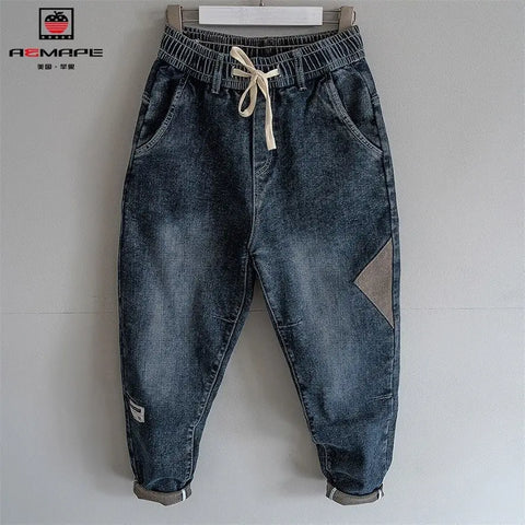 Spring and Autumn Drawstring Hip Hop Baggy Designer Streetwear Men's Clothing Stylish Casual Denim LOOSE Harem Jeans for Men