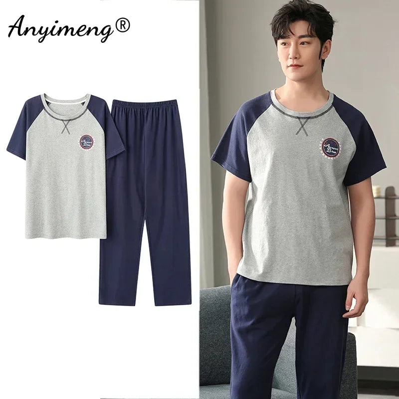 Mens Fresh Pajamas 3xl 4xl Sleepwear Short Sleeved Long Pants Cotton Leisure Pyjamas for Boy Plaid Pants Men Summer Nightwear