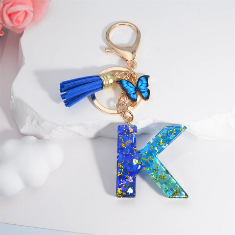 26 English Alphabet Letter Tassels Keychain Crystal Acrylic Butterfly Pendent Key Chain Women Gift Fashion Jewelry Accessories