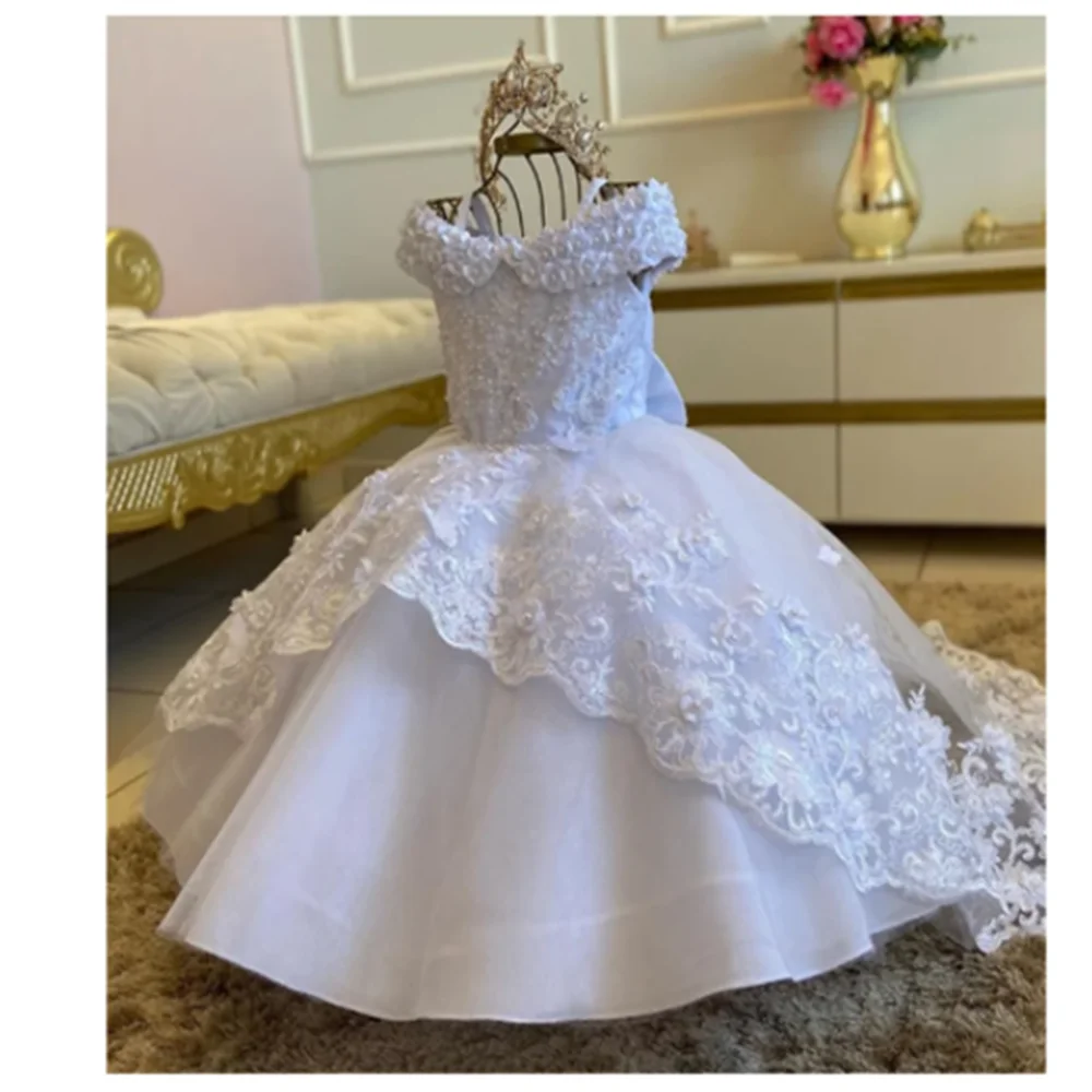 Baby Girls Dresses Off Shoulder Pearls Lace Butterflies Flower Princess Dress Infant First Birthday Party Gown  Communion Gift