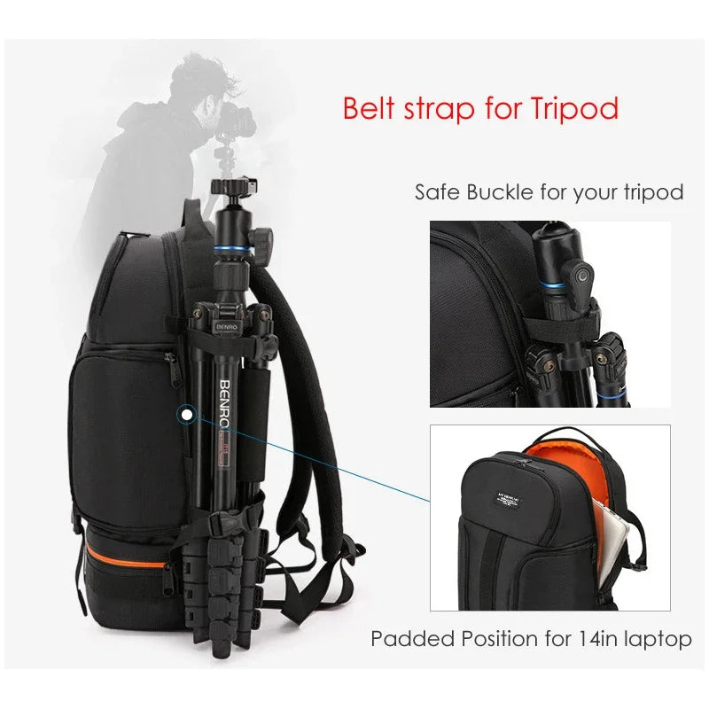 JINNUOLANG Professional Digital SLR Camera Backpack Large Photography Bag Tripod Holder Waterproof Rain Cover Outdoor Hiking